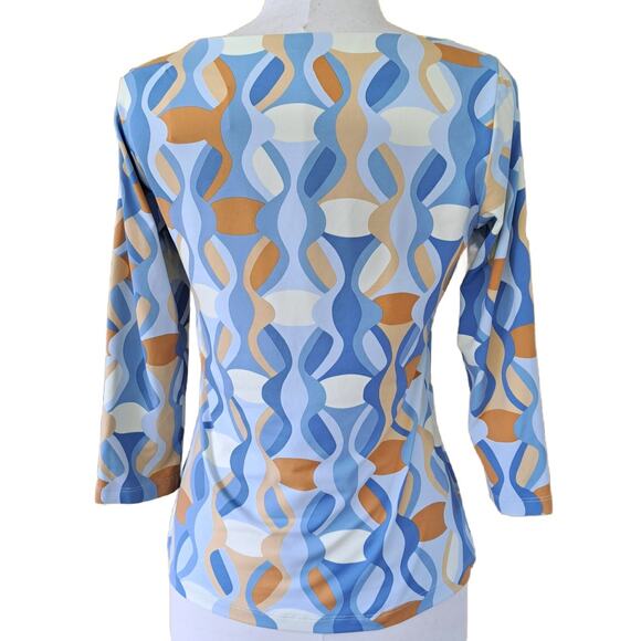 J McLaughlin Blue & Tan Wavesong Tee Top Size Small 3/4 Sleeve Catalina Fall - Picture 2 of 7